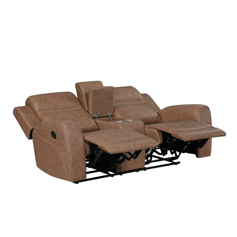 Berty Double Reclining Loveseat | Console and Cup Holders | Brown Fabric