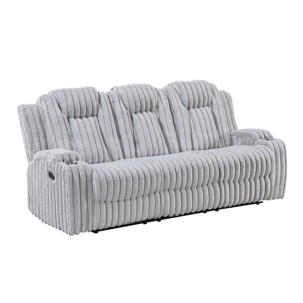Phil Reclining Sofa with Tab Pull | Cup Holders | Light Gray Corduroy