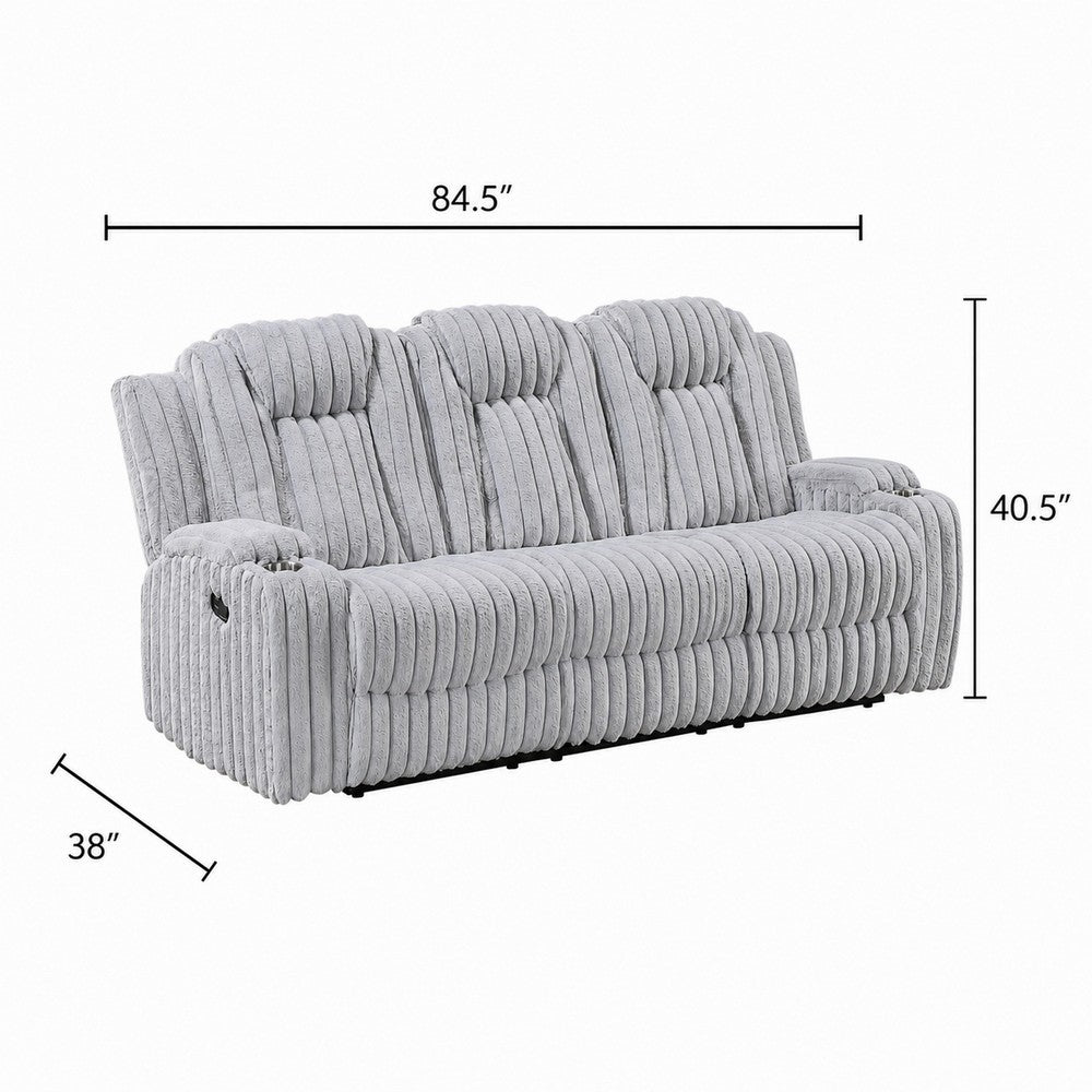 Phil Reclining Sofa with Tab Pull | Cup Holders | Light Gray Corduroy