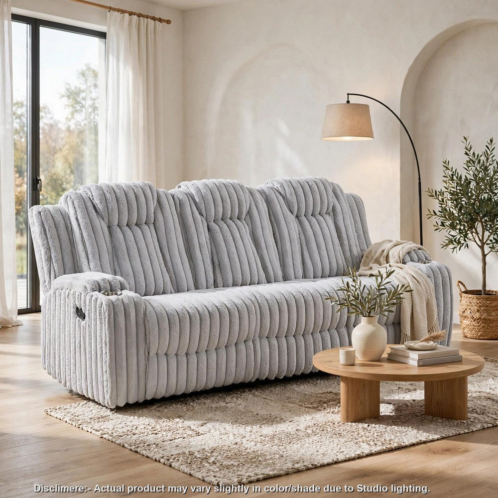 Phil Reclining Sofa with Tab Pull | Cup Holders | Light Gray Corduroy