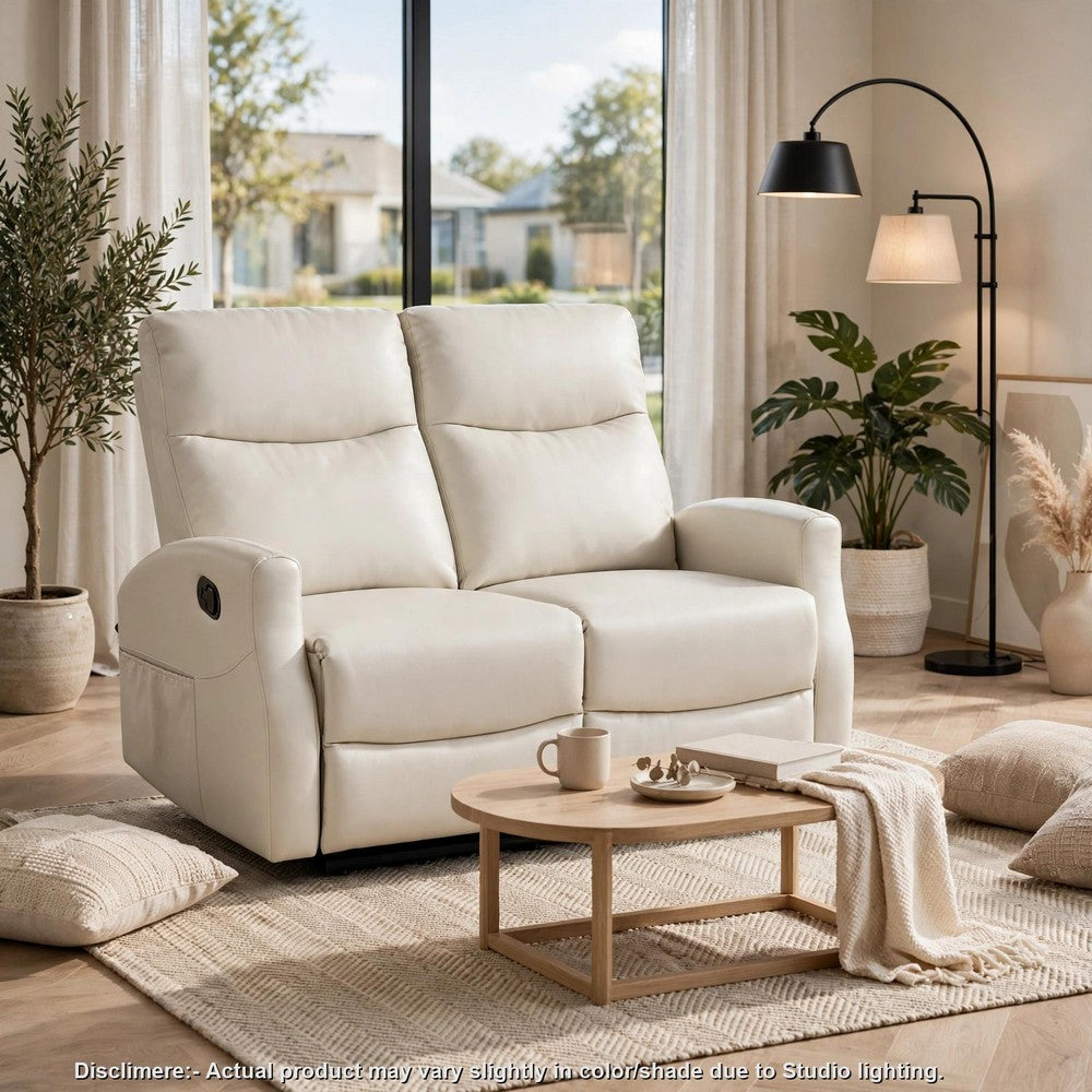 Henly Double Reclining Loveseat | Magazine Pockets | Beige Faux Leather