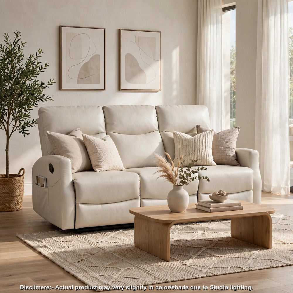 Henly Double Reclining Sofa with Magazine Pockets | Beige Faux Leather