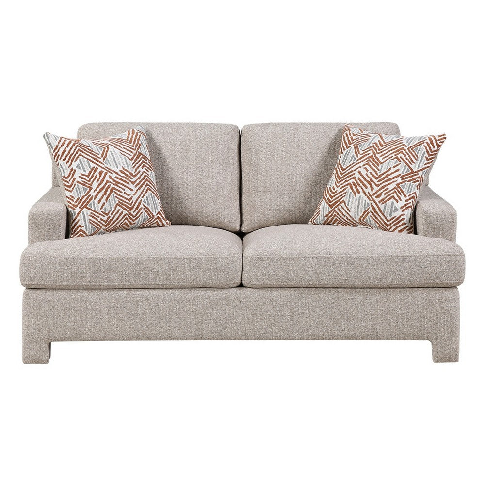 Evany Loveseat with 2 Accent Pillows | Upholstered Legs | Taupe Chenille