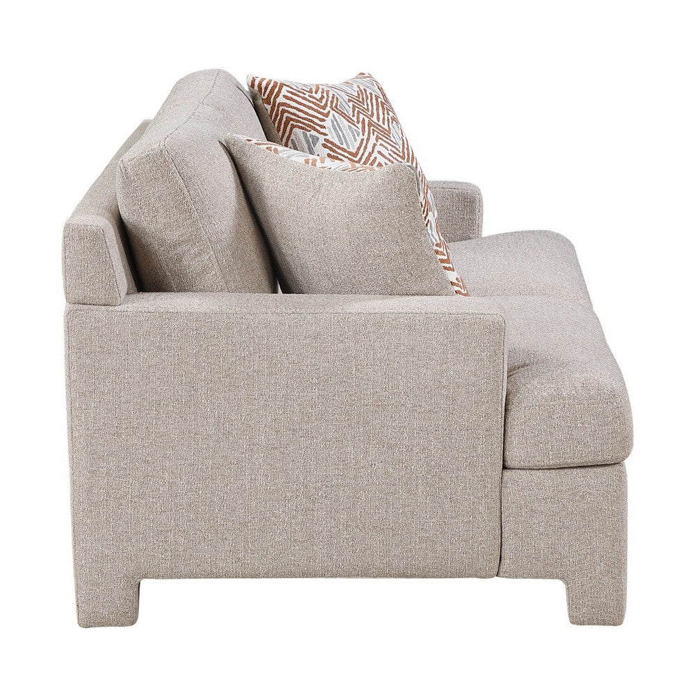 Evany Loveseat with 2 Accent Pillows | Upholstered Legs | Taupe Chenille