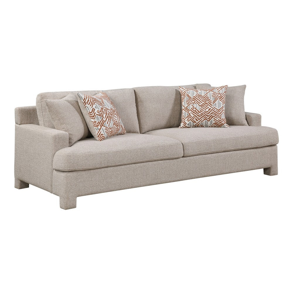 Evany Sofa with 4 Accent Pillows | Upholstered Legs | Taupe Chenille
