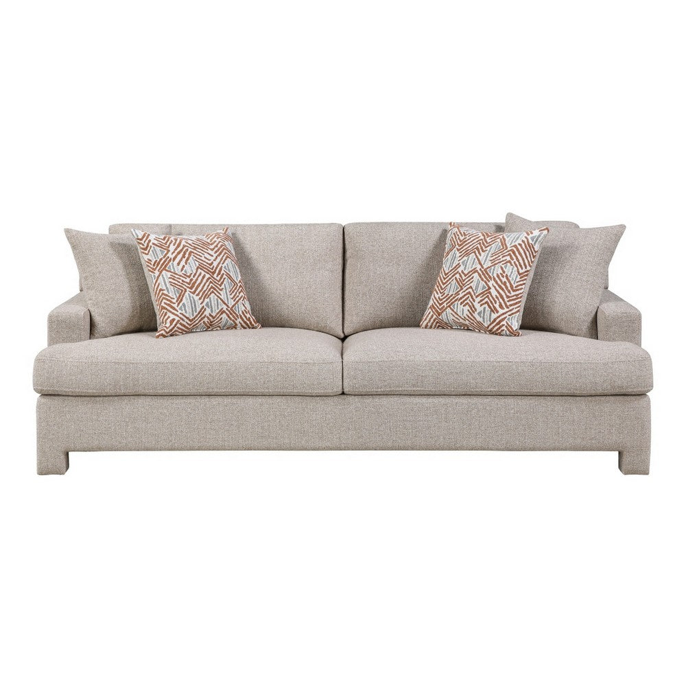 Evany Sofa with 4 Accent Pillows | Upholstered Legs | Taupe Chenille