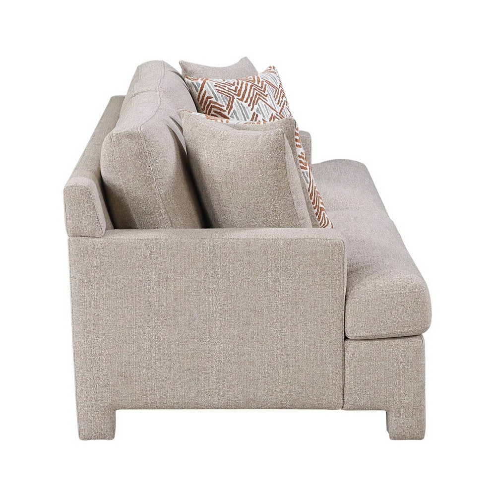 Evany Sofa with 4 Accent Pillows | Upholstered Legs | Taupe Chenille
