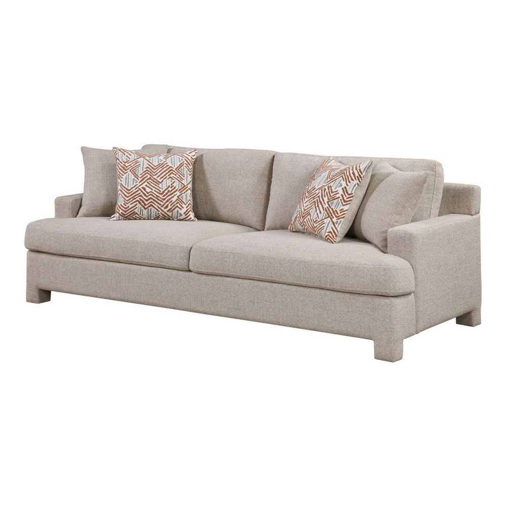 Evany Sofa with 4 Accent Pillows | Upholstered Legs | Taupe Chenille