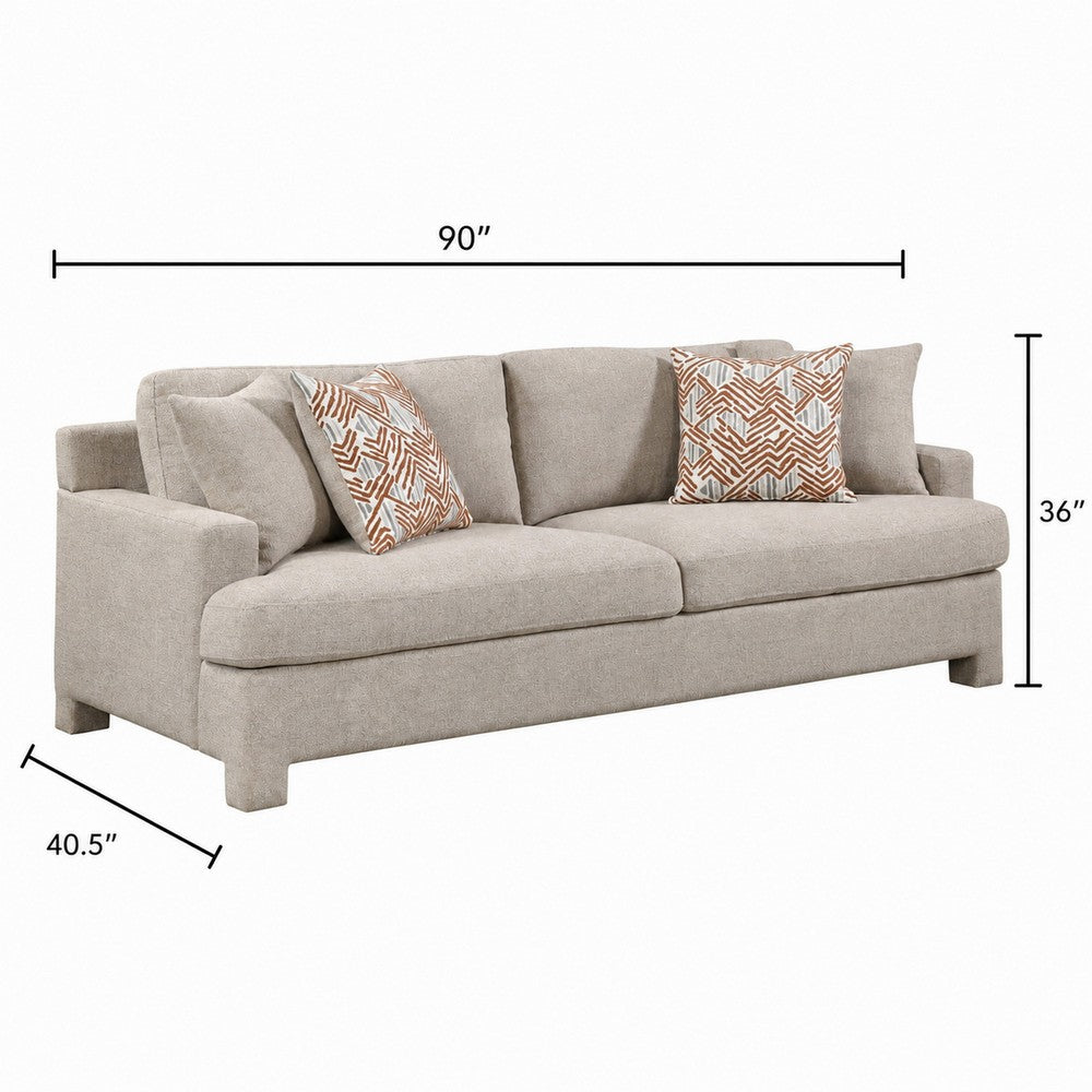 Evany Sofa with 4 Accent Pillows | Upholstered Legs | Taupe Chenille