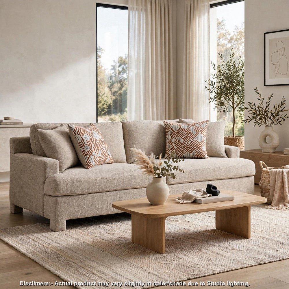 Evany Sofa with 4 Accent Pillows | Upholstered Legs | Taupe Chenille