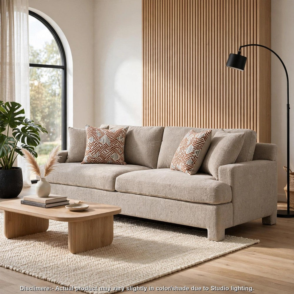 Evany Sofa with 4 Accent Pillows | Upholstered Legs | Taupe Chenille