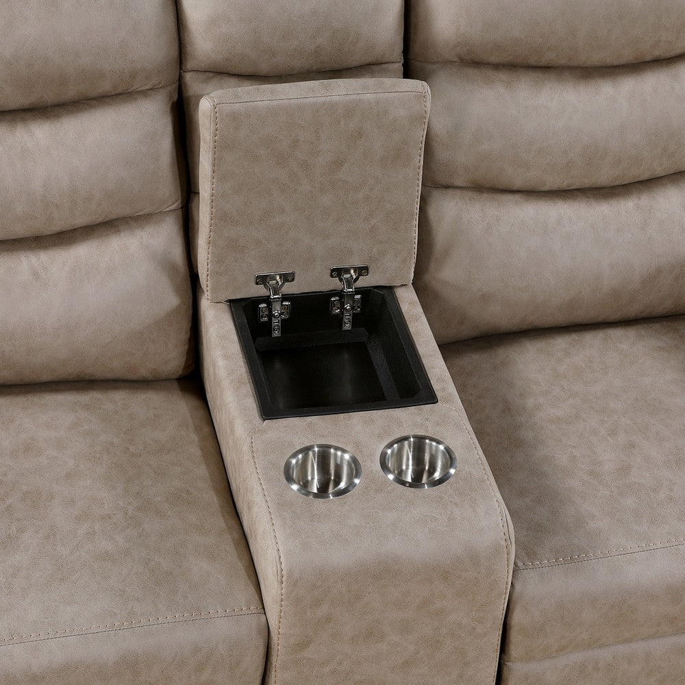 Meloni Glider Reclining Loveseat | Console and Holders | Taupe Fabric