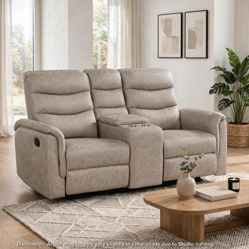 Meloni Glider Reclining Loveseat | Console and Holders | Taupe Fabric