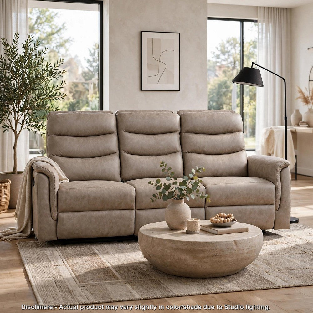 Meloni Double Glider Reclining Sofa | Drop-Down Table | Taupe Microfiber