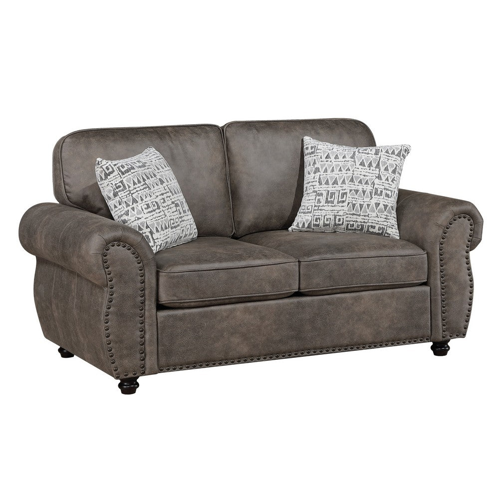 Pinto Loveseat with Nailhead Trim | 2 Accent Pillows | Gray Microfiber