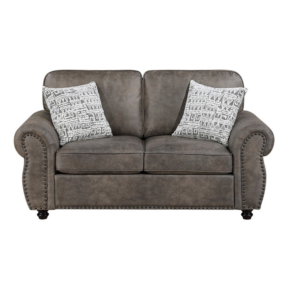 Pinto Loveseat with Nailhead Trim | 2 Accent Pillows | Gray Microfiber