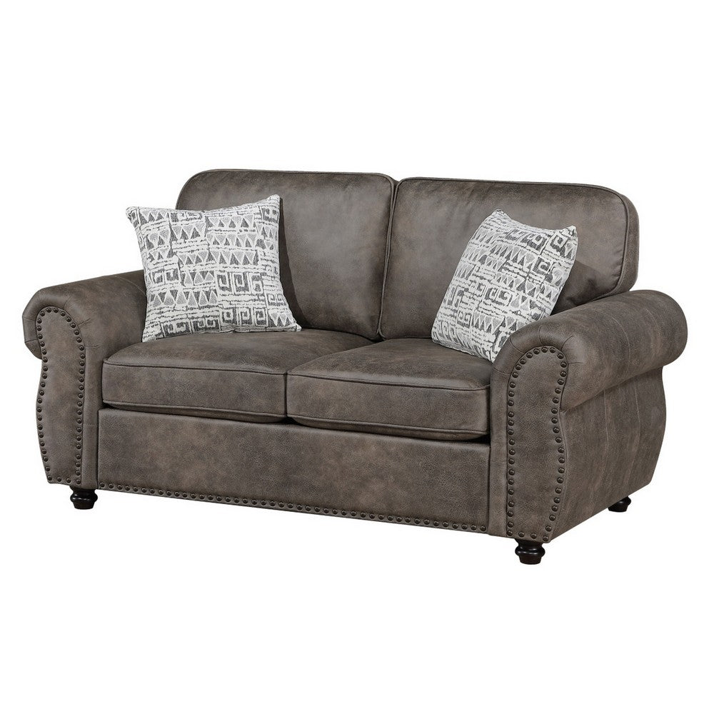 Pinto Loveseat with Nailhead Trim | 2 Accent Pillows | Gray Microfiber