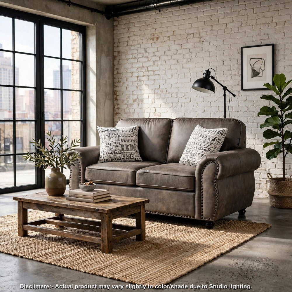 Pinto Loveseat with Nailhead Trim | 2 Accent Pillows | Gray Microfiber