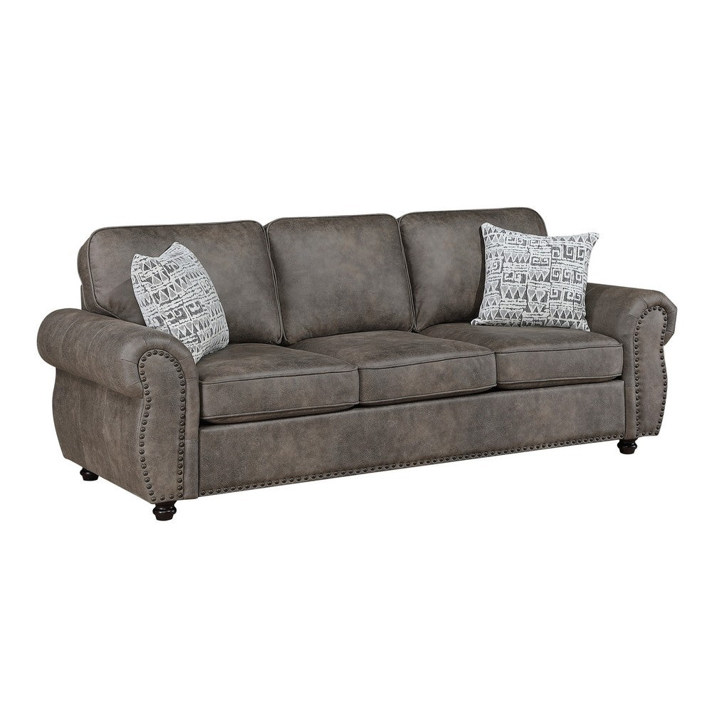 Pinto Sofa with Nailhead Trim and 2 Accent Pillows | Gray Microfiber