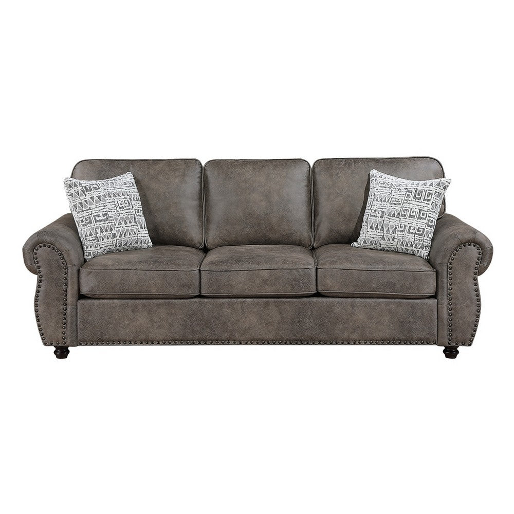 Pinto Sofa with Nailhead Trim and 2 Accent Pillows | Gray Microfiber