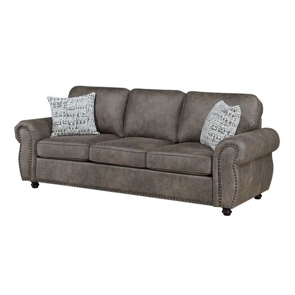 Pinto Sofa with Nailhead Trim and 2 Accent Pillows | Gray Microfiber