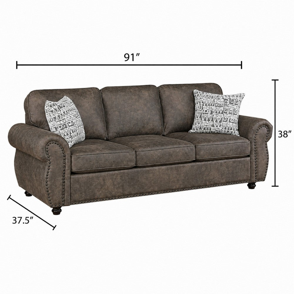 Pinto Sofa with Nailhead Trim and 2 Accent Pillows | Gray Microfiber
