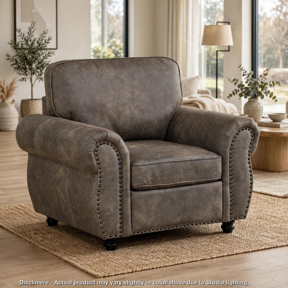 Pinto Traditional Accent Chair | Nailhead Trim | Brown-Gray Microfiber