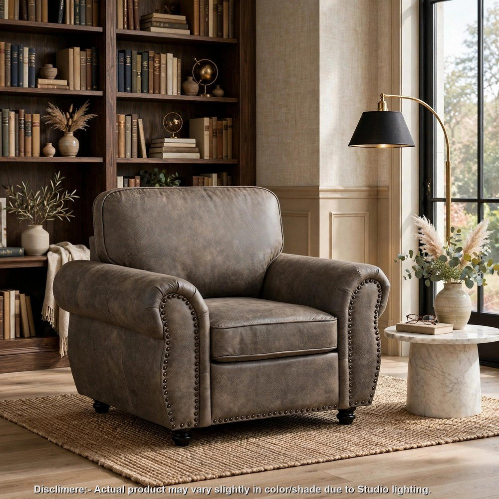 Pinto Traditional Accent Chair | Nailhead Trim | Brown-Gray Microfiber