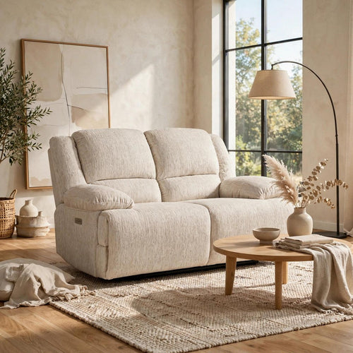 Cally Power Reclining Loveseat | USB Charging Ports | Beige Microfiber