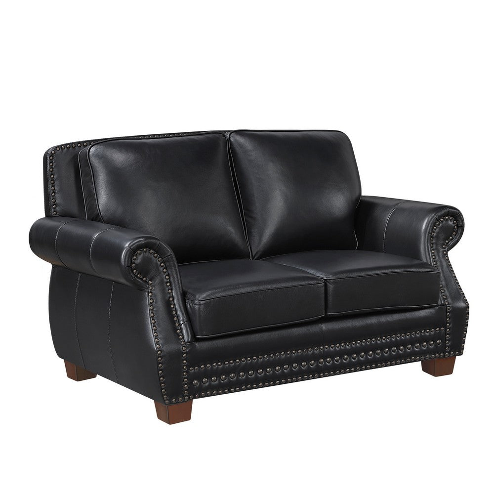 Ronny Loveseat with Nailhead Trim | Brown Wood Feet | Black Genuine Leather