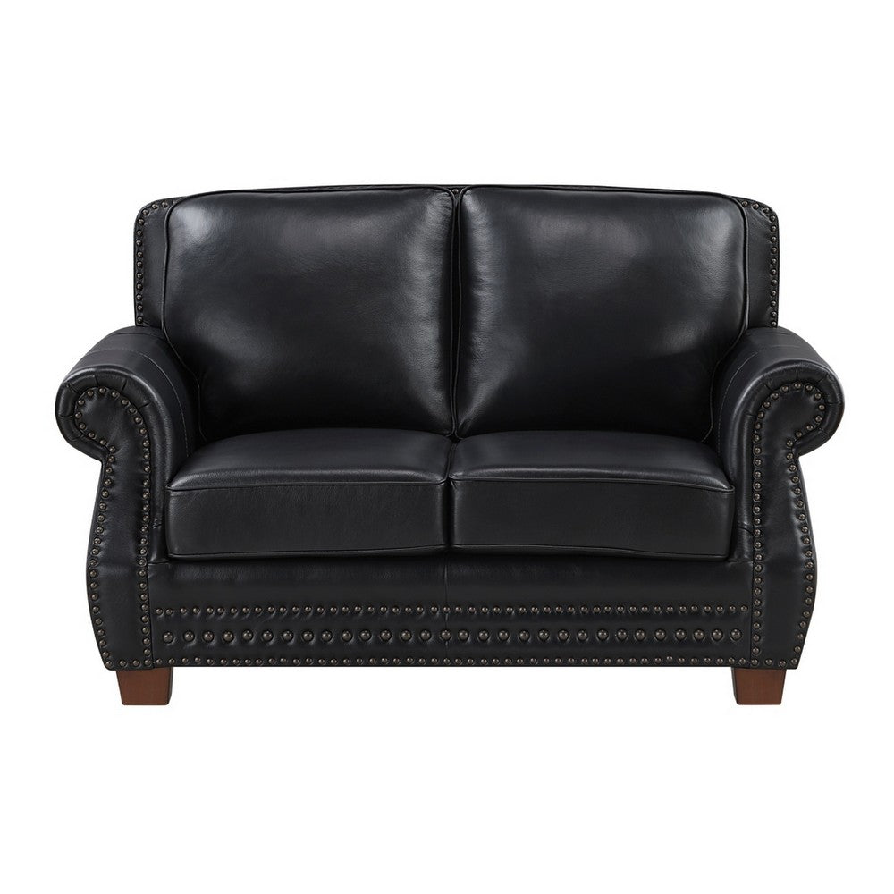Ronny Loveseat with Nailhead Trim | Brown Wood Feet | Black Genuine Leather