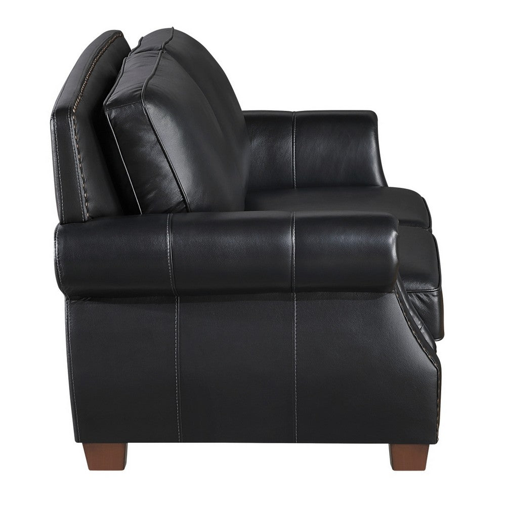 Ronny Loveseat with Nailhead Trim | Brown Wood Feet | Black Genuine Leather