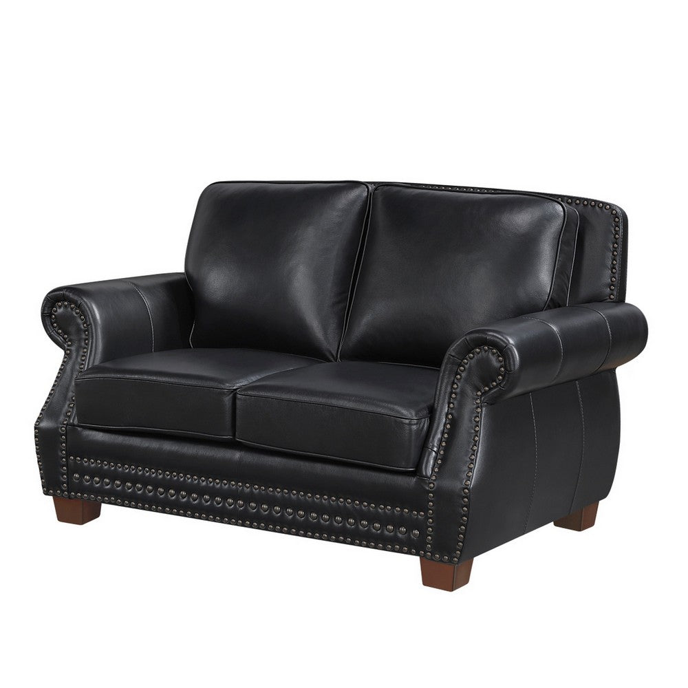 Ronny Loveseat with Nailhead Trim | Brown Wood Feet | Black Genuine Leather