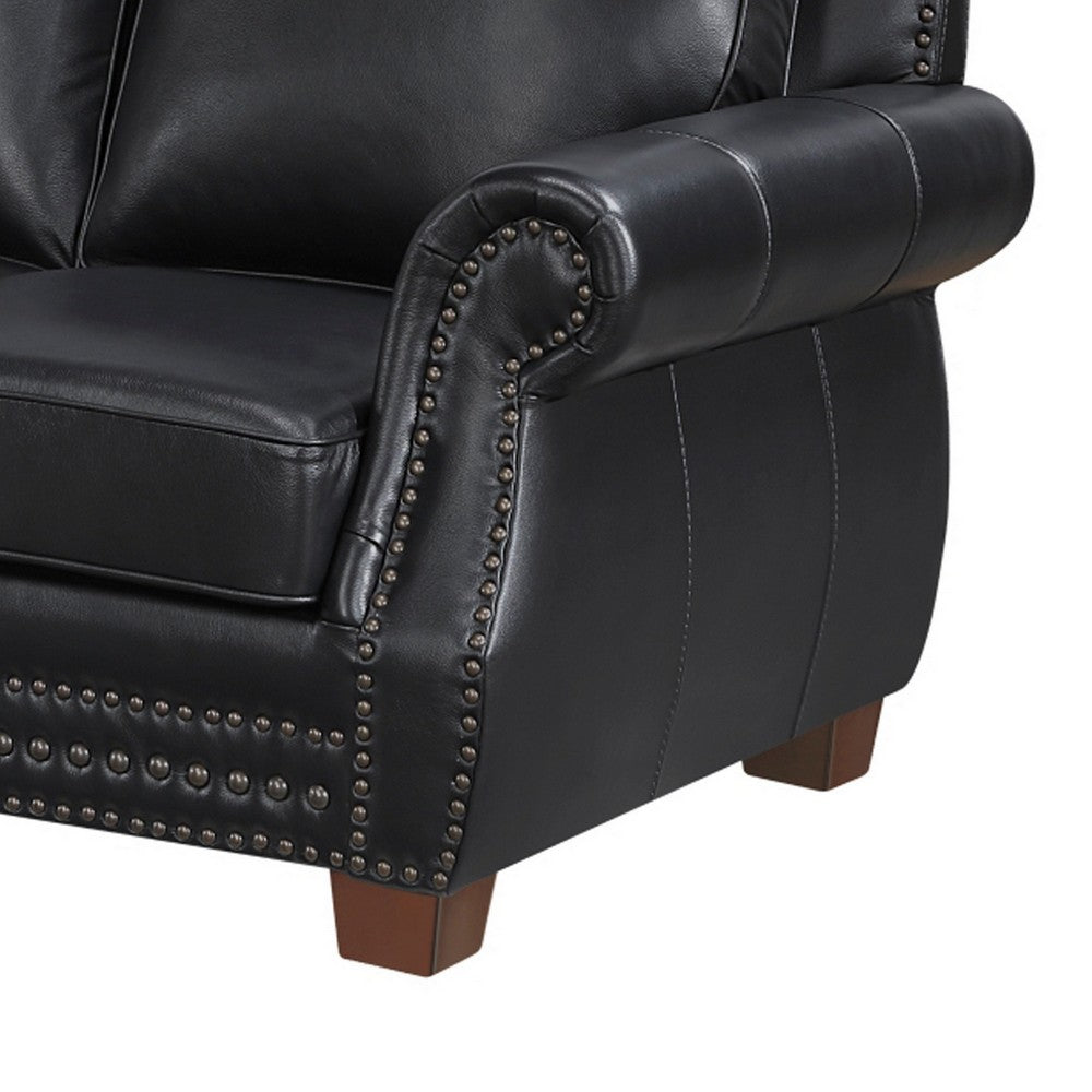 Ronny Loveseat with Nailhead Trim | Brown Wood Feet | Black Genuine Leather