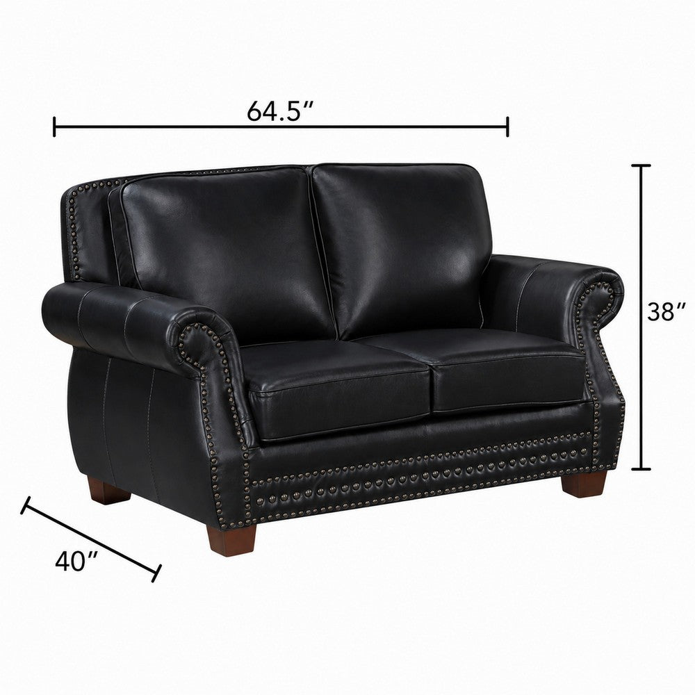 Ronny Loveseat with Nailhead Trim | Brown Wood Feet | Black Genuine Leather