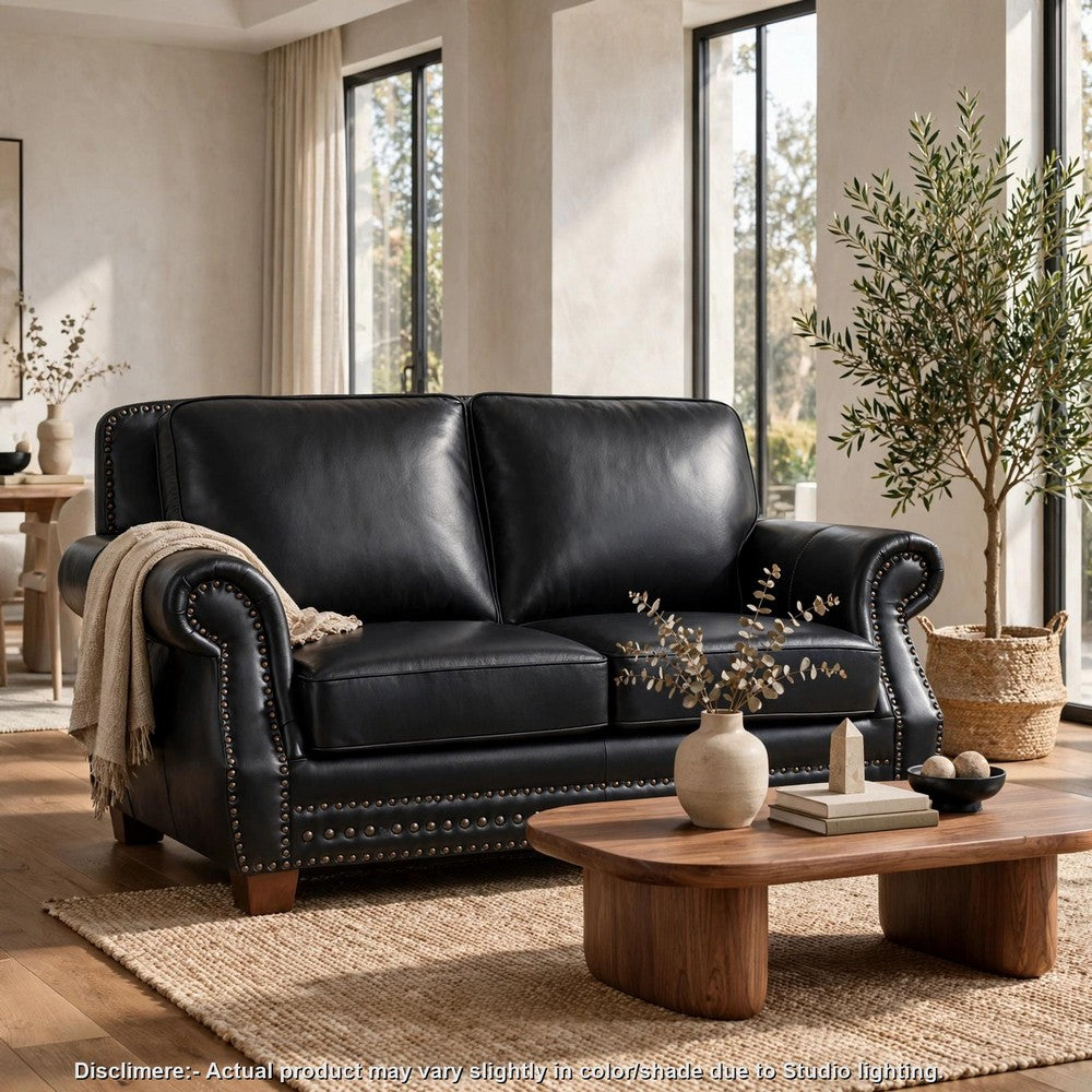 Ronny Loveseat with Nailhead Trim | Brown Wood Feet | Black Genuine Leather