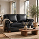 Ronny Loveseat with Nailhead Trim | Brown Wood Feet | Black Genuine Leather