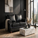 Ronny Loveseat with Nailhead Trim | Brown Wood Feet | Black Genuine Leather