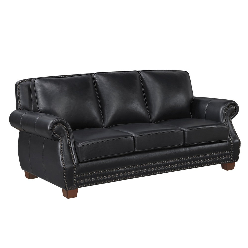 Ronny Sofa | Nailhead Trim | Brown Wood Feet | Black Genuine Leather