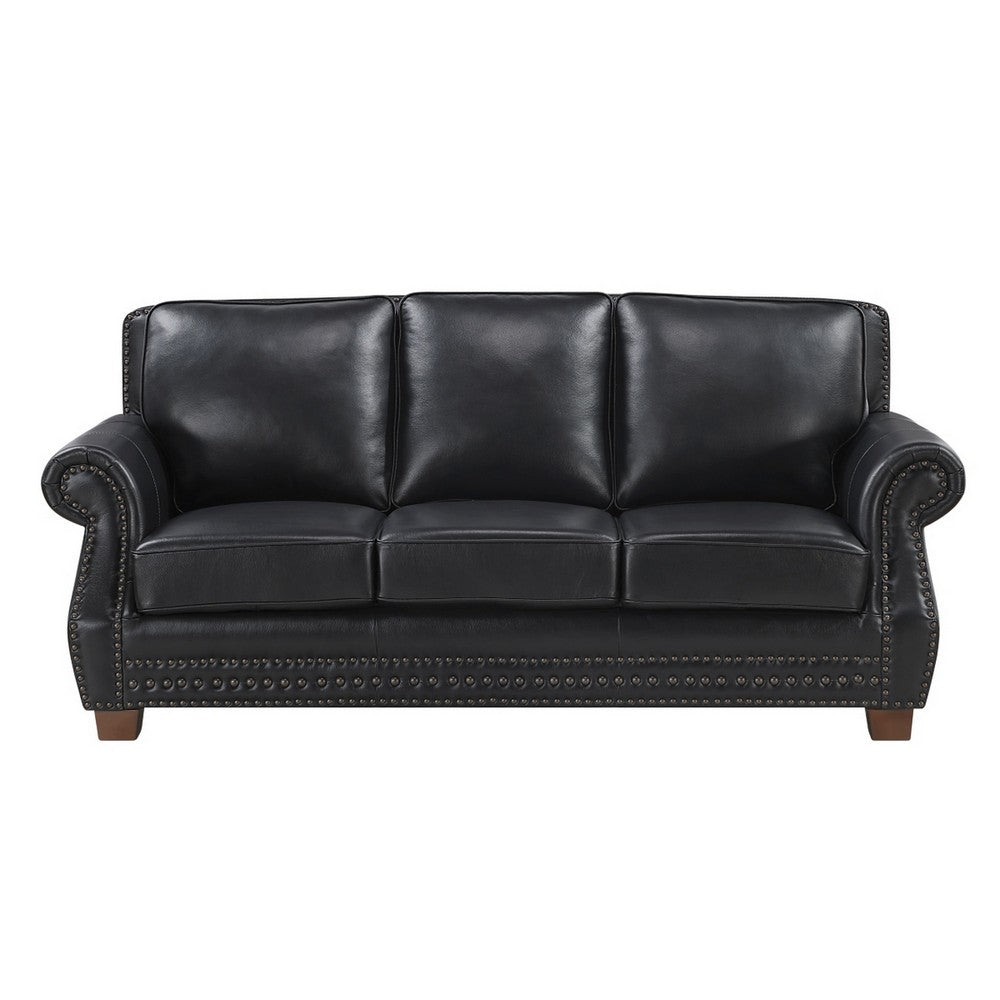 Ronny Sofa | Nailhead Trim | Brown Wood Feet | Black Genuine Leather