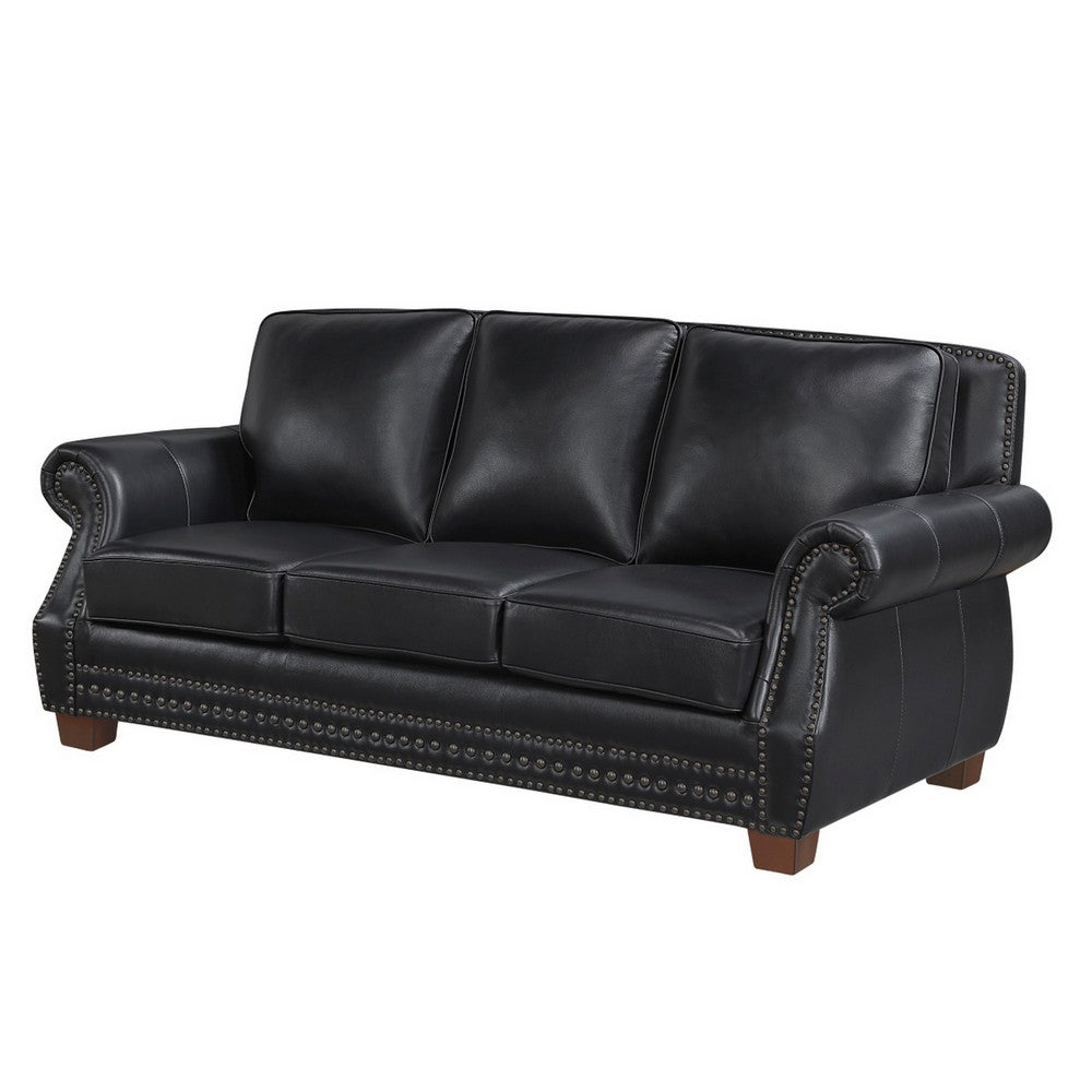 Ronny Sofa | Nailhead Trim | Brown Wood Feet | Black Genuine Leather