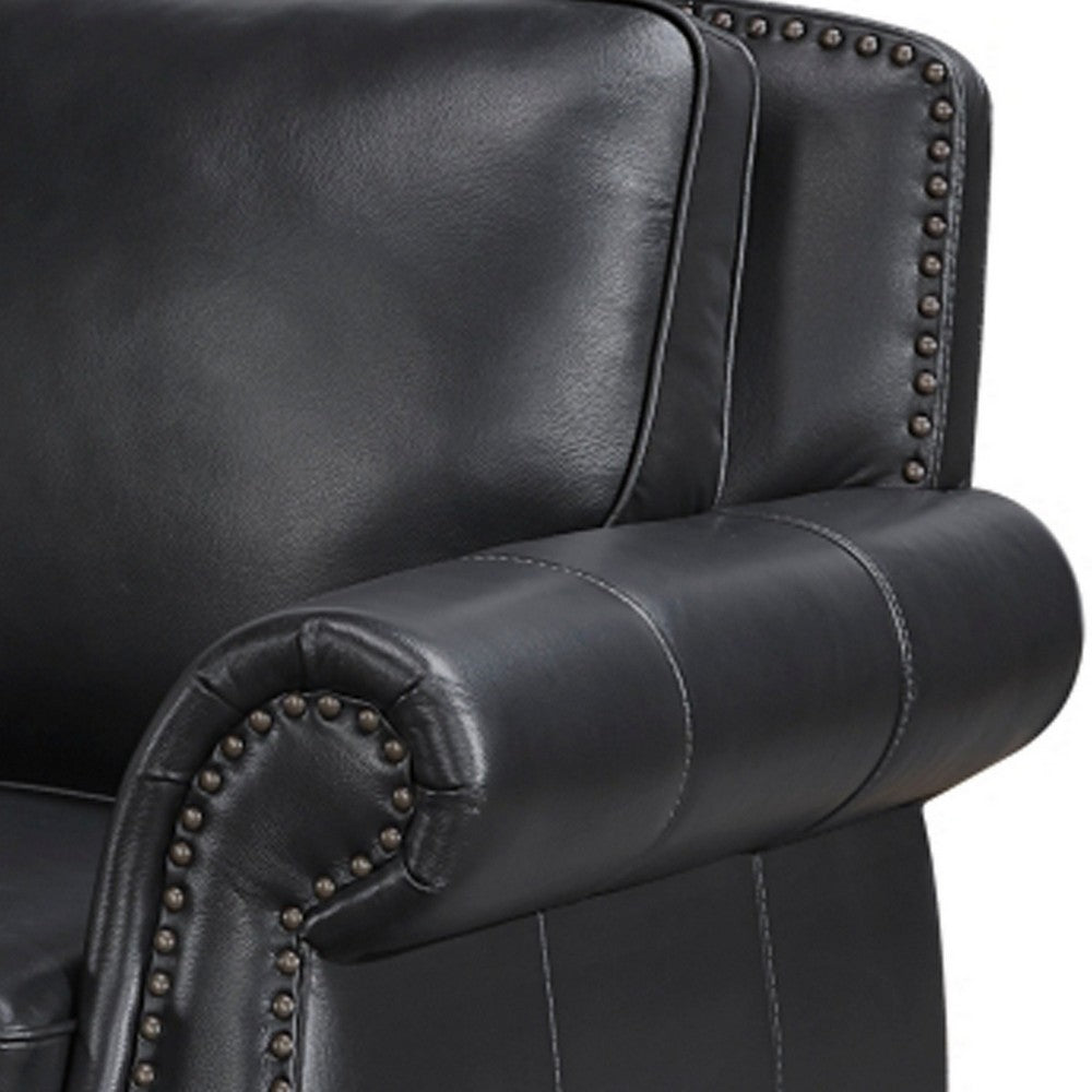 Ronny Sofa | Nailhead Trim | Brown Wood Feet | Black Genuine Leather