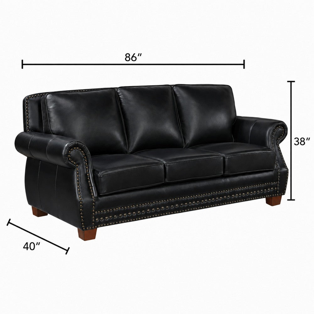 Ronny Sofa | Nailhead Trim | Brown Wood Feet | Black Genuine Leather