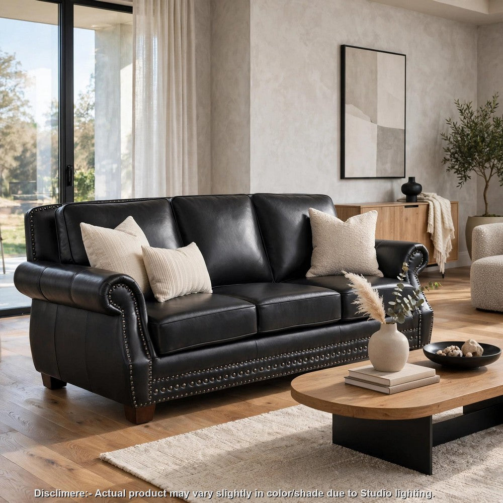 Ronny Sofa | Nailhead Trim | Brown Wood Feet | Black Genuine Leather
