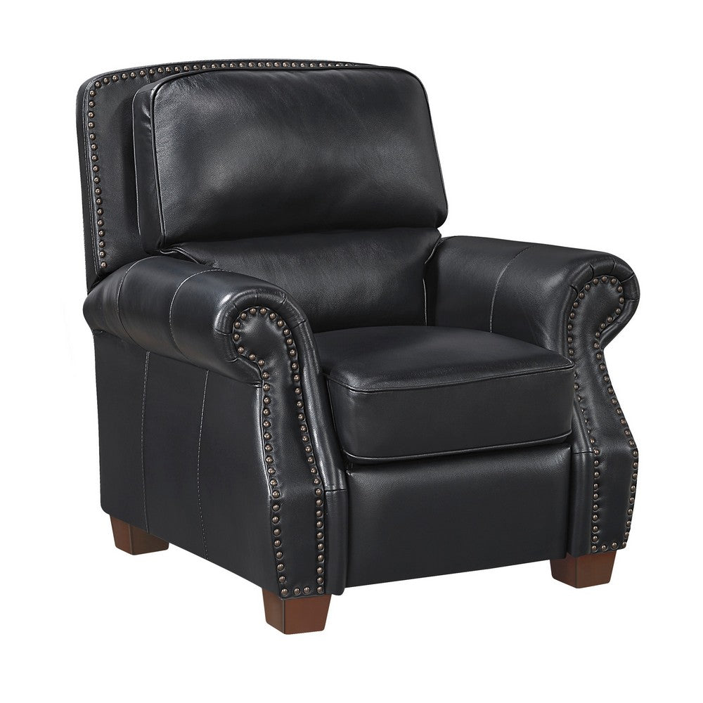 Ronny Push-Back Reclining Chair with Nailhead Trim | Black Genuine Leather