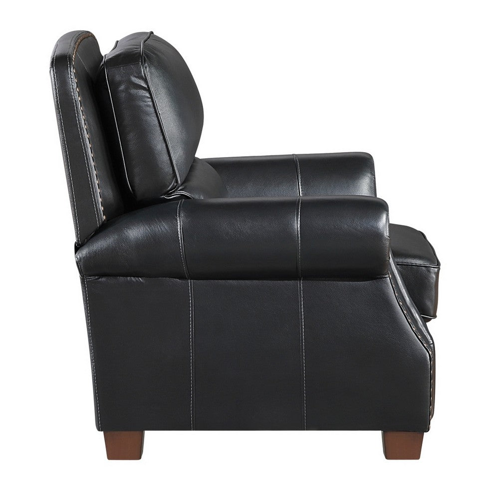 Ronny Push-Back Reclining Chair with Nailhead Trim | Black Genuine Leather