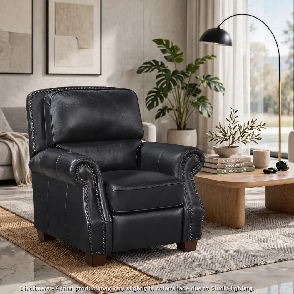 Ronny Push-Back Reclining Chair with Nailhead Trim | Black Genuine Leather