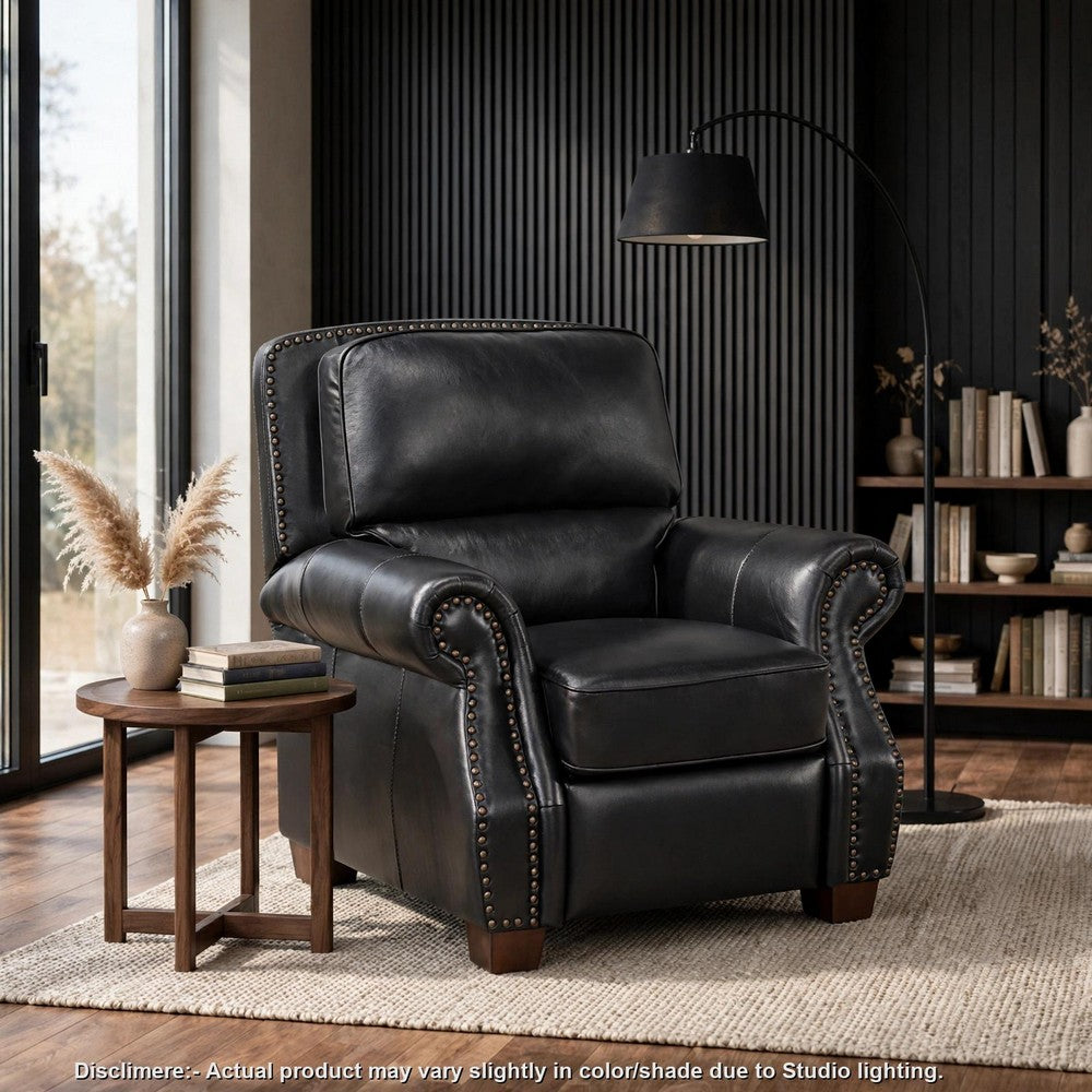 Ronny Push-Back Reclining Chair with Nailhead Trim | Black Genuine Leather