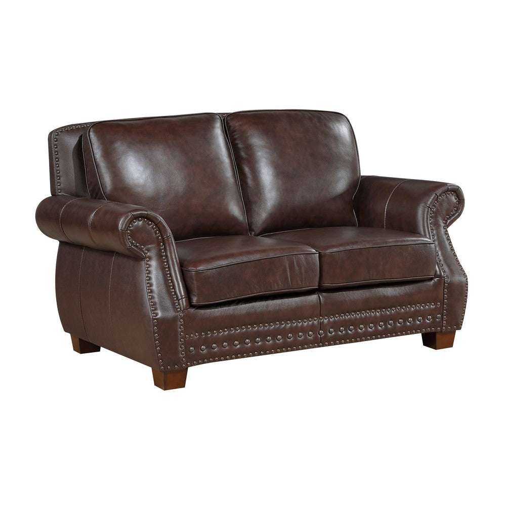 Ronny Loveseat with Nailhead Trim | Brown Wood Feet | Brown Genuine Leather