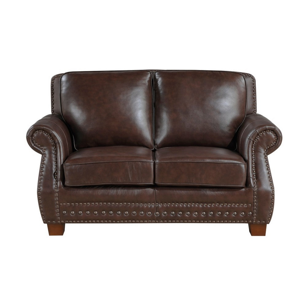 Ronny Loveseat with Nailhead Trim | Brown Wood Feet | Brown Genuine Leather